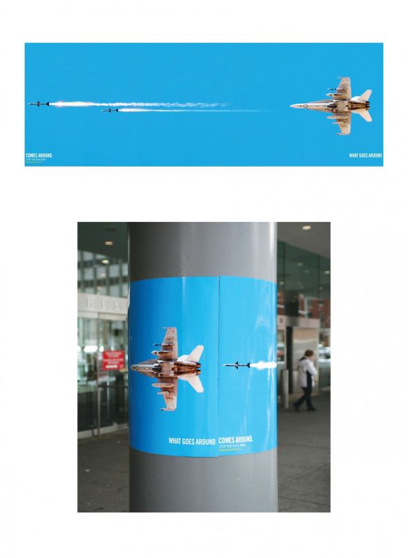 平和を呼びかける国際団体の屋外広告。ミサイルを放ったつもりが。。。