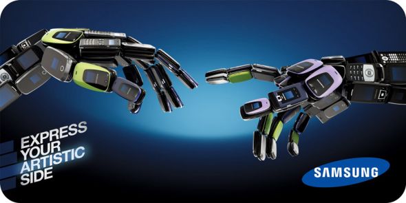 サムスンの販促ポスター。映画ETを連想させる有名な構図ですが、良く見るとすべてモバイル端末で描かれているようです。<カナダ>