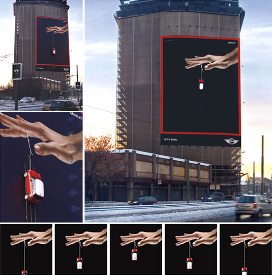 ミニの屋外広告。ヨーヨーのように稼働するミニの模型は実寸サイズ、手軽な遊び心をアピールしているようです。<イタリア>