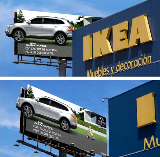 自動車メーカー(Hyundai)の屋外広告。物陰の子供を察知する様子は、リアビューカメラ搭載の安全性を表現しています。<ドミニカ共和国>