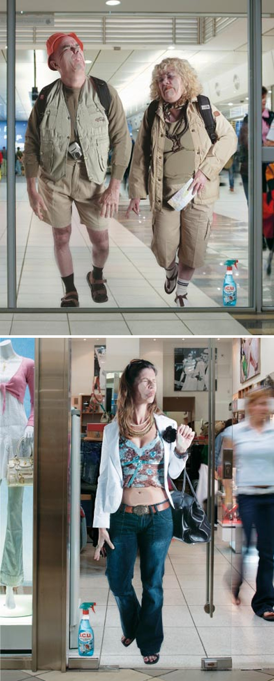 ガラスクリーニングサービス(ICU)の屋外広告。店舗のガラスに張られたカッティングシート、透明過ぎることを強烈にPRしています。<南アフリカ>