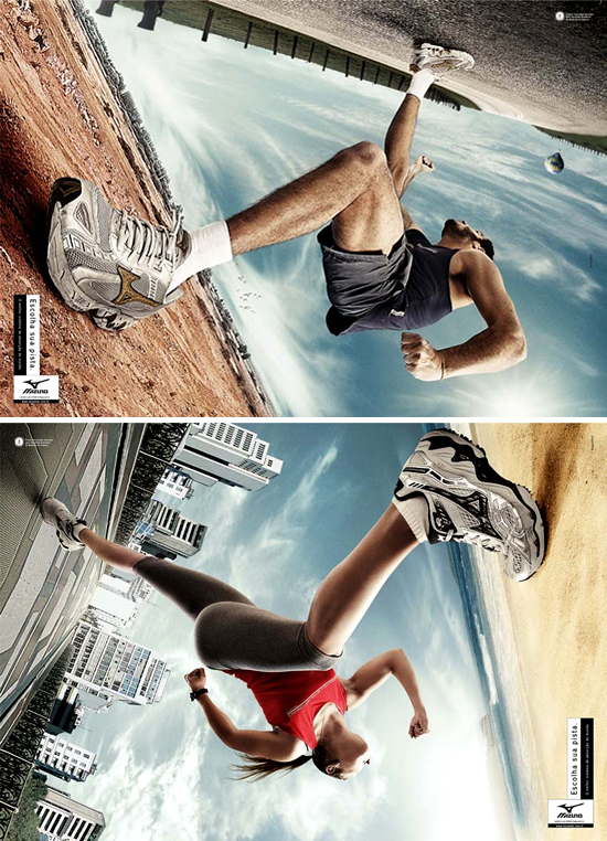 スポーツシューズ(MIZUNO)の販促用ポスター。「あなたのトラックを選んでください」実にダイナミックです。<ブラジル>