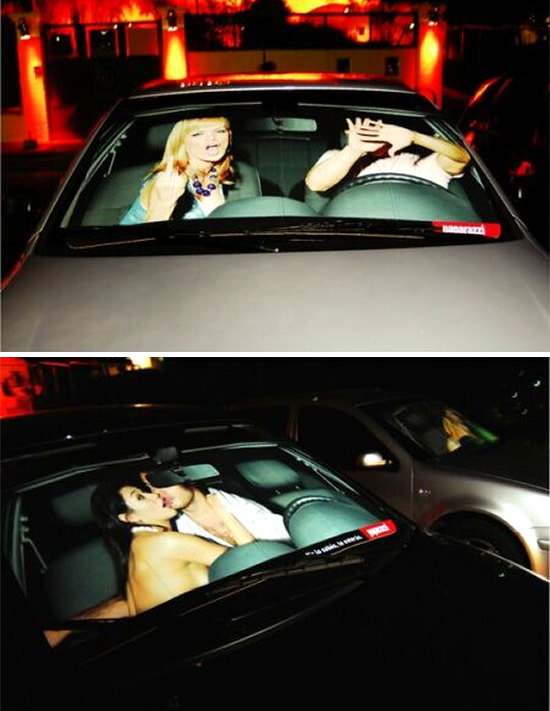 写真雑誌(Paparazzi)の屋外広告。創刊5周年を記念したキャンペーン、ナイトクラブ駐車場の車のサンシェードで展開されました。<アルゼンチン>