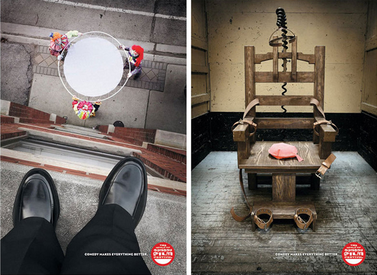 ワールドコメディ映画祭(WCFF)の販促ポスター。飛び降り自殺にはピエロ達が、処刑の電気椅子にはブーブークッションが。「全てに笑いを」とのことです。<カナダ>