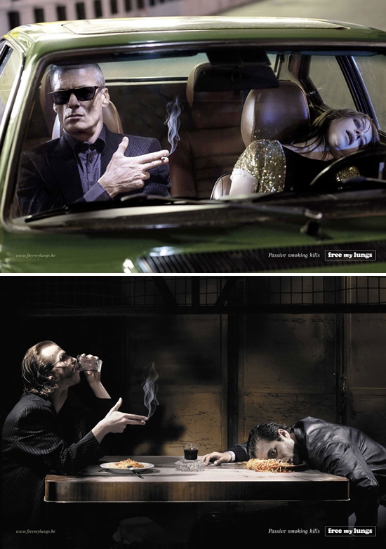 受動喫煙の防止を訴える市民団体(Free my Lungs)の啓発ポスター。タバコの煙は凶器、、、と言いたいようです。悪そうですね。<ドイツ>