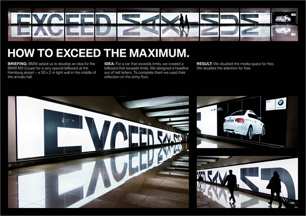 BMW M3の屋外広告。ドイツのミュンヘン駅構内で展開されたキャンペーン。床との反射で、メッセージを構成していっます<ドイツ>