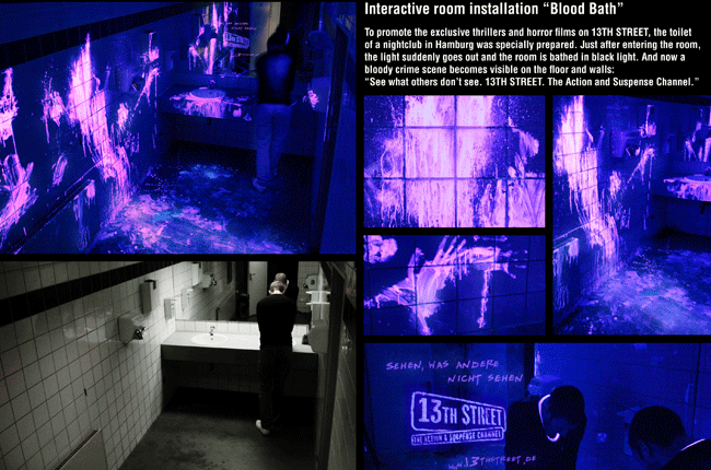ナイトクラブで展開されたサスペンステレビ番組のキャンペーン。ブラックライトが点灯されると、流血事件現場の惨状が映し出されます。<ドイツ>