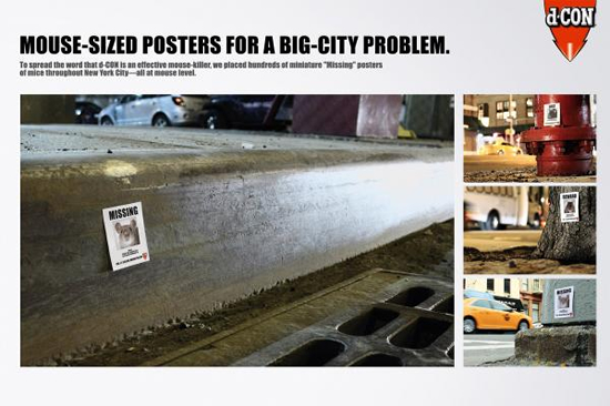 家庭用ネズミ駆除具（D-CON）の屋外広告。「D-CONでネズミが行方不明になった」という商品ブランディングだそうです。＜米国＞