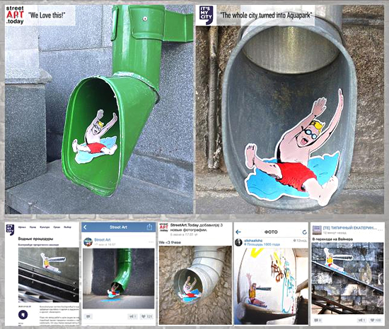 プール施設(Limpopo)の屋外広告。市内2500箇所以上に貼られたキャラクターは、ウォータースライダーをイメージしたようです。<ロシア>