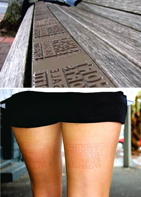 ファッションデパート（Superette）の屋外広告。店舗前のベンチに座ることでセール告知、ミニスカート女性の太ももを利用するユニークなアプローチです。＜ニュージーランド＞