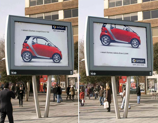 小型自動車(スマート)の屋外広告。スポーツクーペとカブリオレ(オープンカー)、上下する広告でそれぞれタイプの違う車種を効率よくPR。<スペイン>