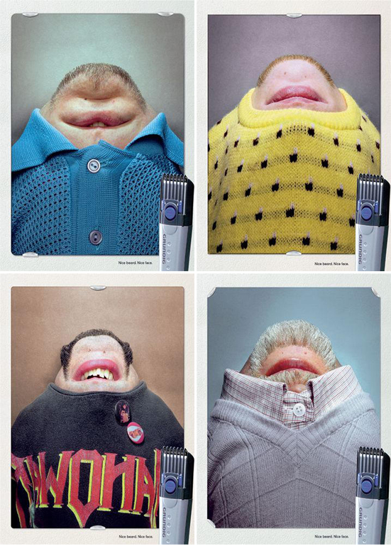 シェーバー（Grundig）の販促用ポスター。逆さまなったアゴ髭は、ヘアトリマー機能を備えるシェーバーを巧く表現しています。＜ドイツ＞