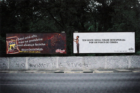 人道支援団体(Citizens against Hunger)の屋外広告。「飢えた子どもの広告」が見つめる先は「お菓子の広告」、多くの寄付を募っているようです。<ブラジル>