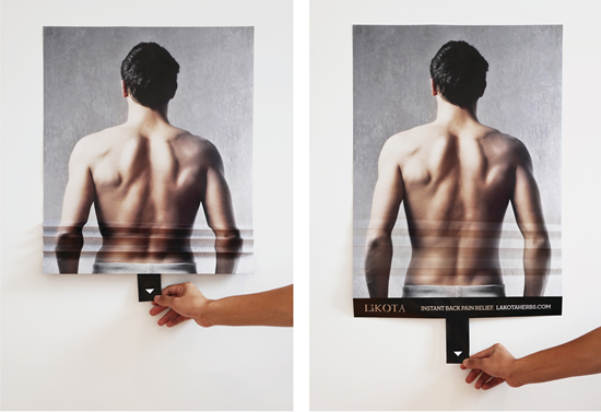 漢方薬・鎮痛剤(Lakota)の販促ポスター。縮んだ背中は腰痛を表現しており、「腰痛は簡単に軽減できます」とPRしているようです<カナダ>