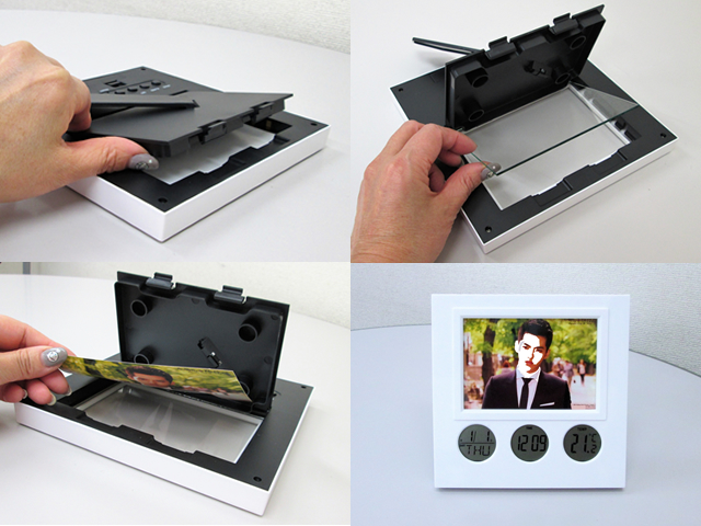 ノベルティ:フォトフレームクロック 3ツ窓タイプ 白