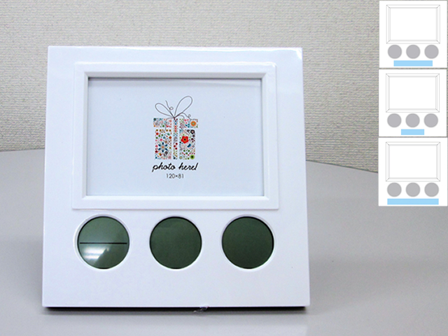 ノベルティ:フォトフレームクロック 3ツ窓タイプ 白